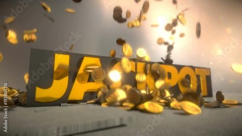 3d animation of jackpot sign and falling money