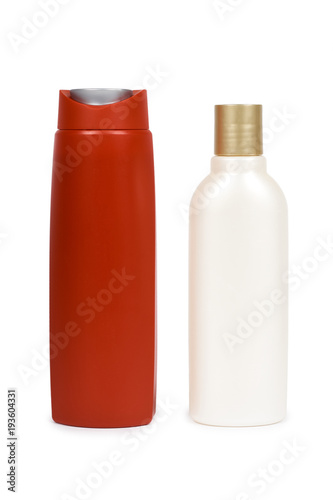 Red and white plastic containers. Isolated on white background. Bottle and package template. Blank copyspace