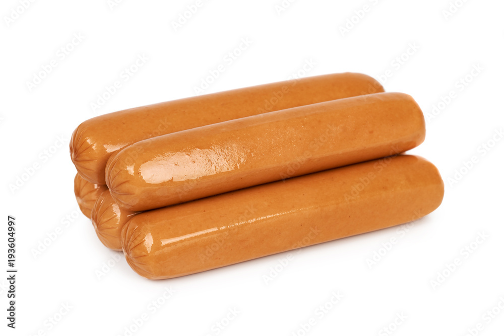 Meat sausage for hot dog or barbecue. Isolated on white background. Fast food meal Meat sausage for hot dog or barbecue. Isolated on white background. Fast food meal