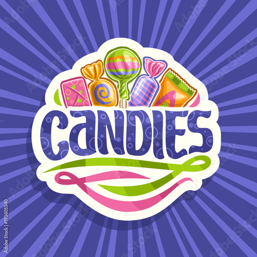 Vector logo for Candies, on cut paper sticker 5 wrapped sweets in colorful plastic package up, original brush typeface for word candies and abstract swirls down, on blue background of rays of light.