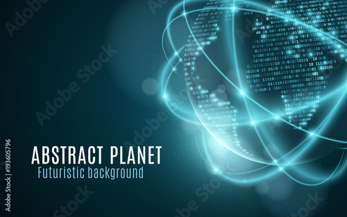 World map from binary code. Futuristic planet. Glowing, blurry neon lines. Abstract background. Computer programming code. Global network. Vector illustration