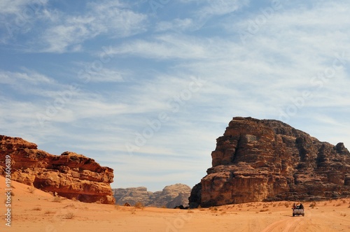 rocky desert / Unusual landscape of rocky orange desert Wadi Rum, place where the Martian was captured, Jordan