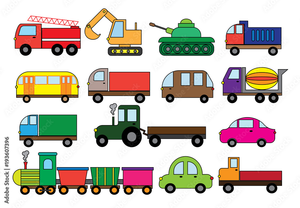 Transport cartoon, set. Surface modes of transport. Car, bus, train, fire  truck, concrete mixer, dump truck, truck, train, tractor, excavator and   illustration. Stock Vector | Adobe Stock