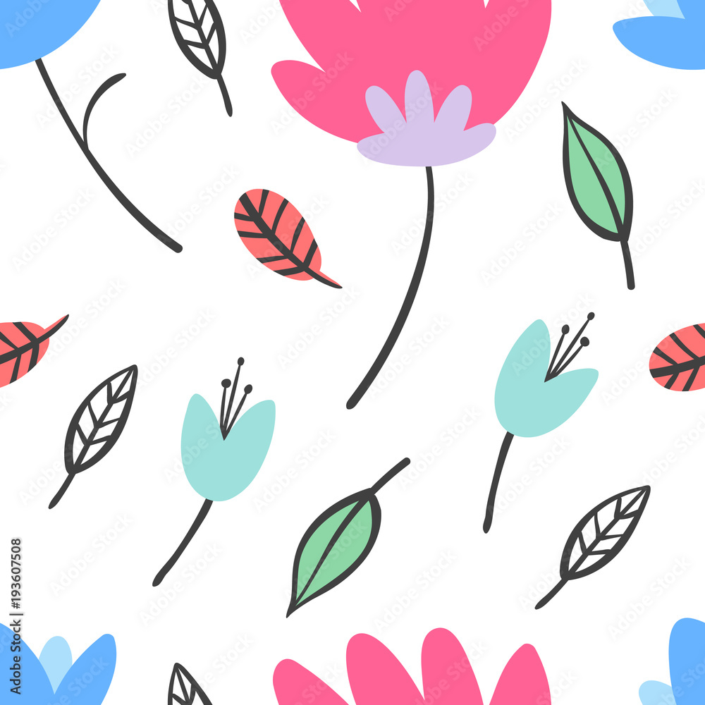Flat Style Flowers and Leaves Colorful Vector Seamless Pattern