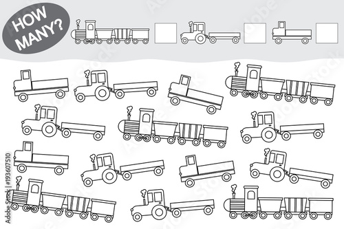 Activity for children. Educational game.  Count how many transport and color them.