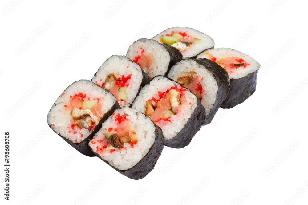 sushi and rolls in the assortment on a white background isolated, rice and fish, crab and avocado, caviar fish