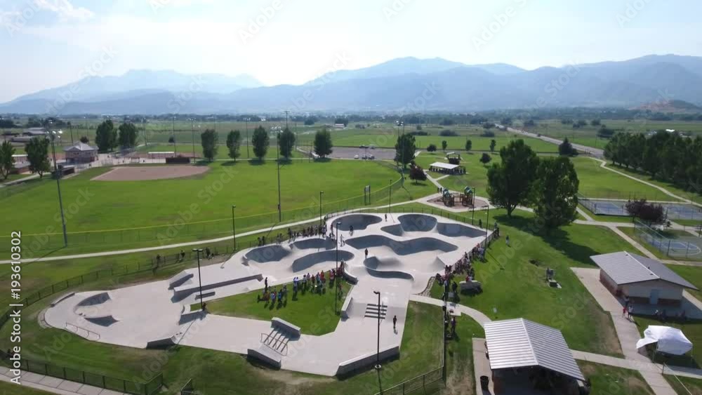 Aerial over a skate park competition. 