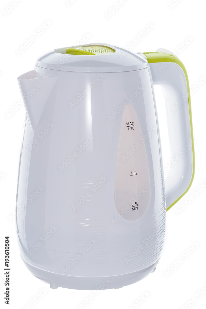 White plastic kettle on white background White plastic kettle on white background
