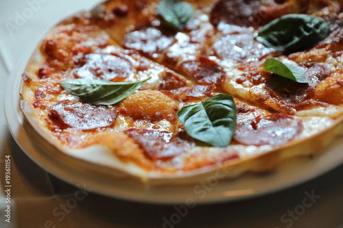 Hot Pepperoni Pizza in dish , Italian food