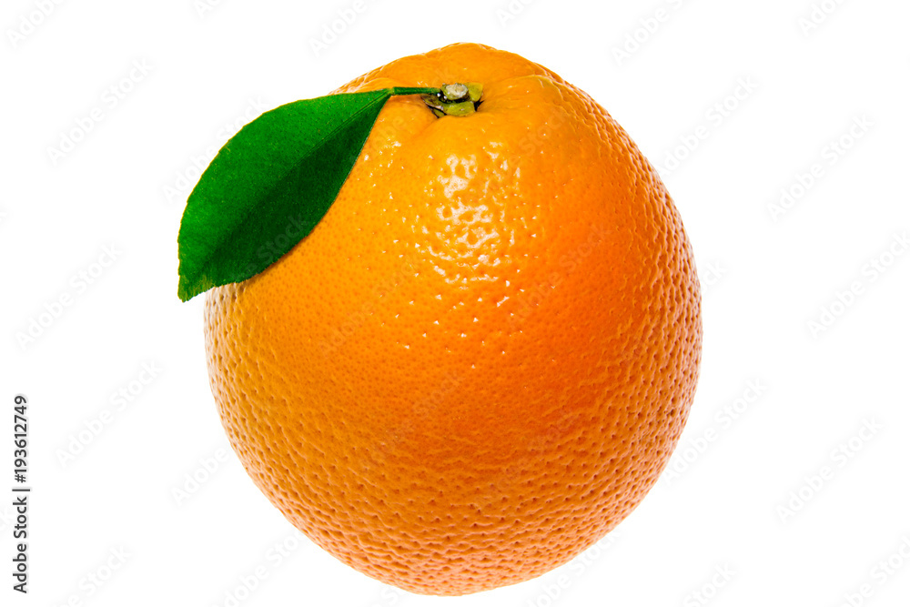 ripe orange with leaf on white background