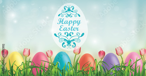 Easter background. Easter eggs, tulips and blades of grass. Vector illustration