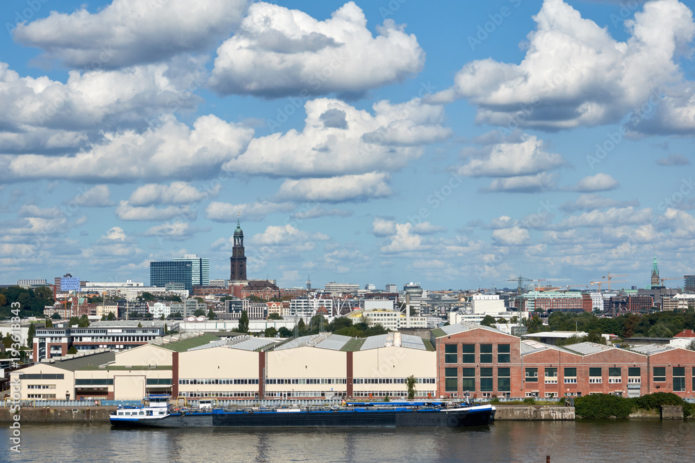 A panoramic view of the Hamburg from the seaport on a summer sunny day