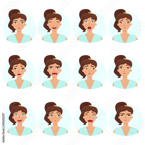 Big set of girl's emotions. Woman's face expressions. Vector flat illustration.