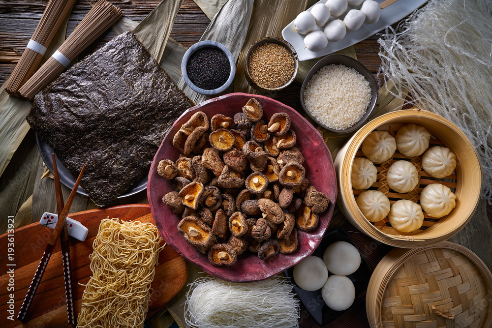 Shiitake rice dumplings steamed pork buns noodles Shiitake rice dumplings steamed pork buns noodles