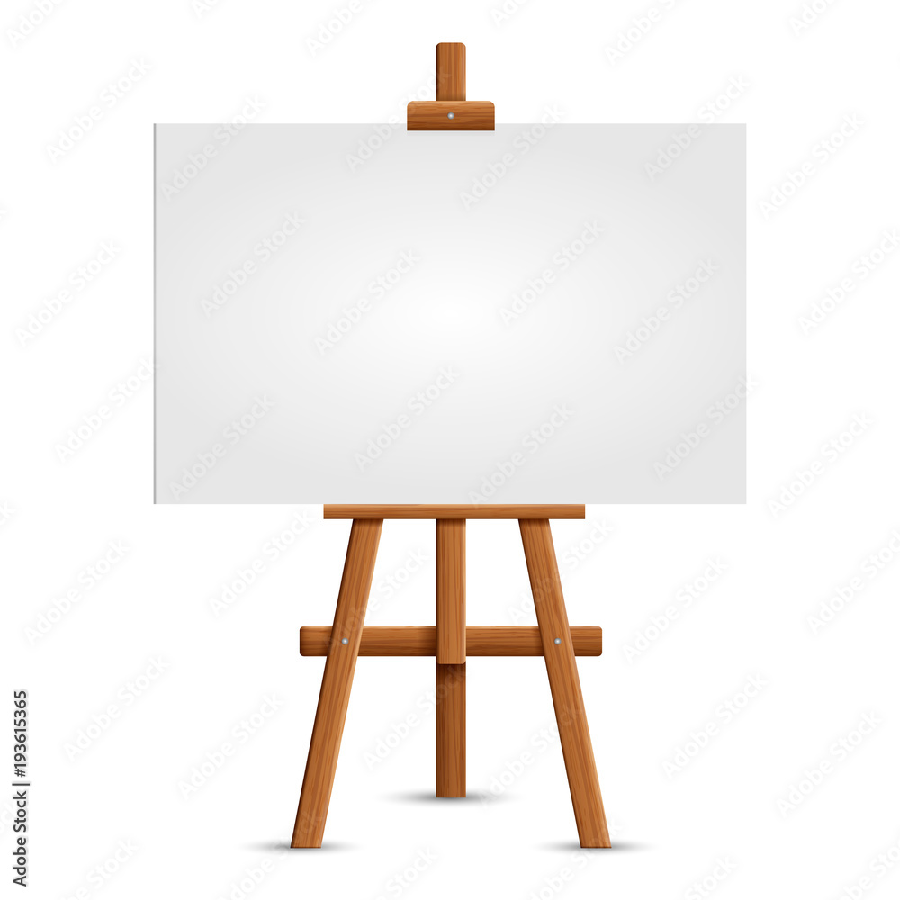 Wooden easel stand with blank canvas on white background Stock Vector