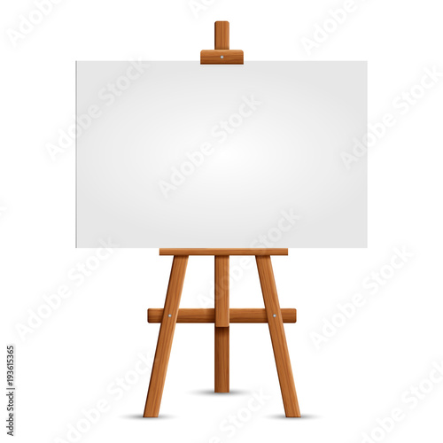 Blank art board and realistic wooden easel. Wooden Brown Easel with Mock Up Empty Blank Square Canvas Isolated on white background. Vector illustration..