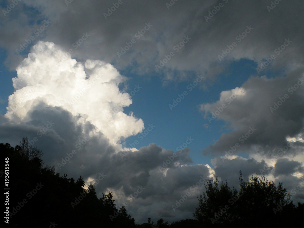 Blue sky with storm clouds and the shadows, background.Silhouette spruce forest