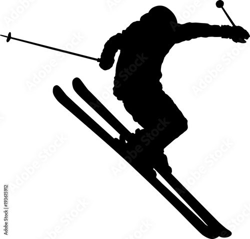 Freestyle skier. Black shape of skier during freestyle jump