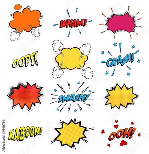 Onomatopoeia comics sounds in clouds for emotions and kaboom explosion. Steaming oops and wham sound, heart for ooh and stars for smash and crash cartoon book theme photo