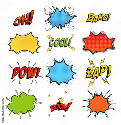 Onomatopoeia comics sounds in clouds for emotions and kaboom explosion. Steaming oops and wham sound, heart for ooh and stars for smash and crash cartoon book theme