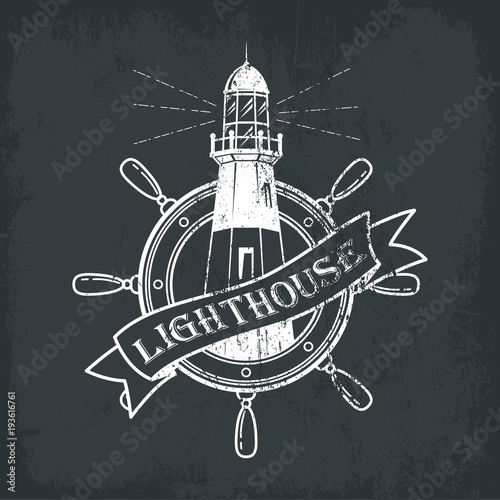 Lighthouse building with ships or boats wheel