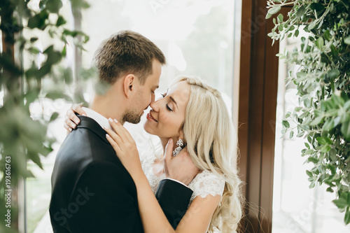 Newlyweds moment before a kiss. Wedding. Portrait
