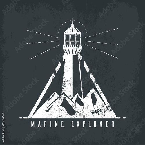 Old banner with lighthouse in mountains