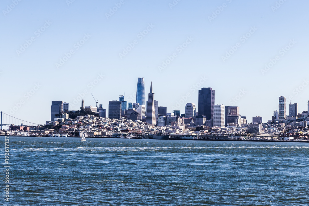 San Francisco downtown and fisherman's wharf view from San Francisco ferry.