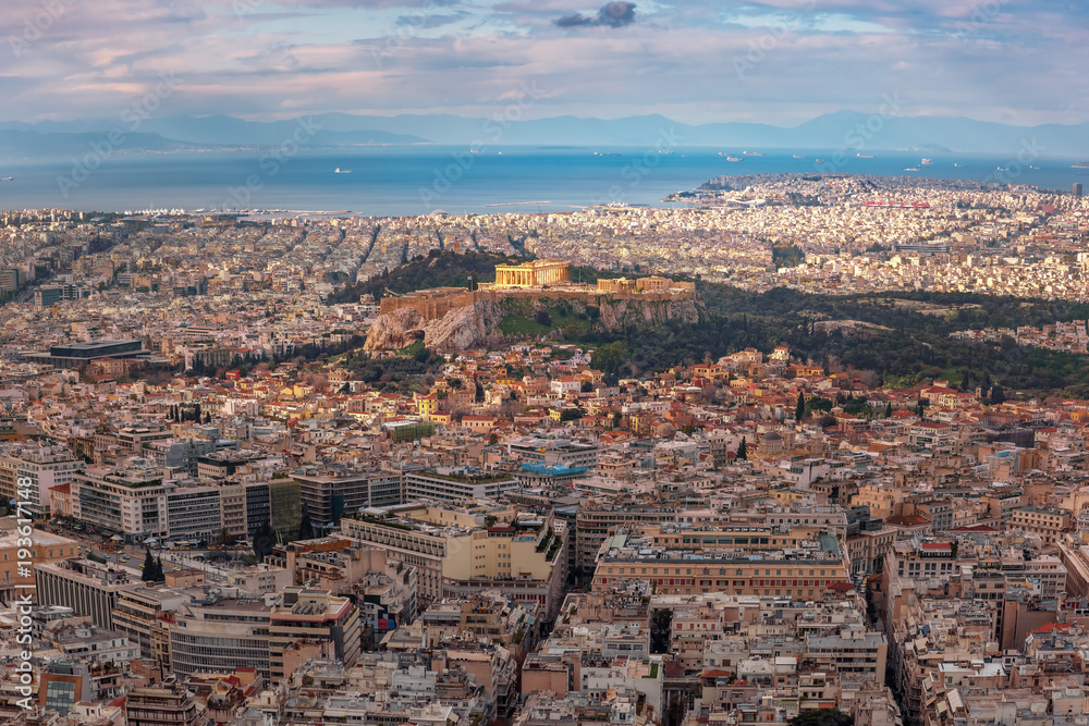 Aerial view from Mount Lycabettus of the Acropolis Hill, crowned with Parthenon in Athens, Greece