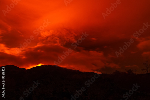 Volcano eruption landscape at night - Mount Etna in Sicily