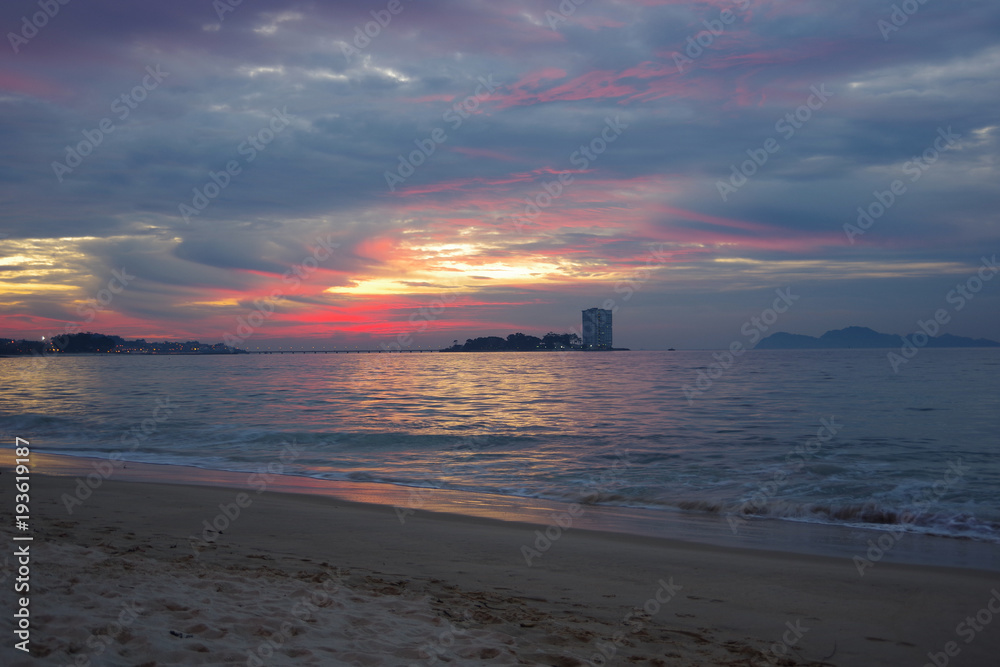 Fototapeta premium Colorful sunset above Samil beach, Vigo, Galicia, Spain