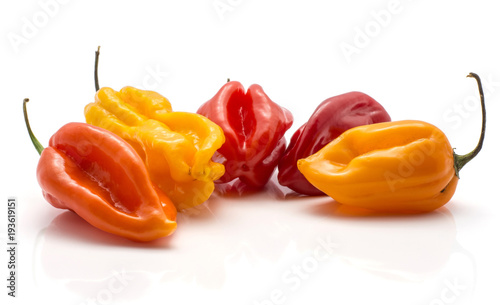Colourful Habanero chili collection isolated on white background five hot peppers yellow red orange.