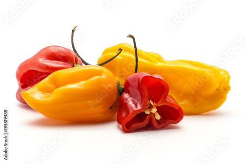 Habanero chili set red and yellow one red half isolated on white background hot Chinese pepper.