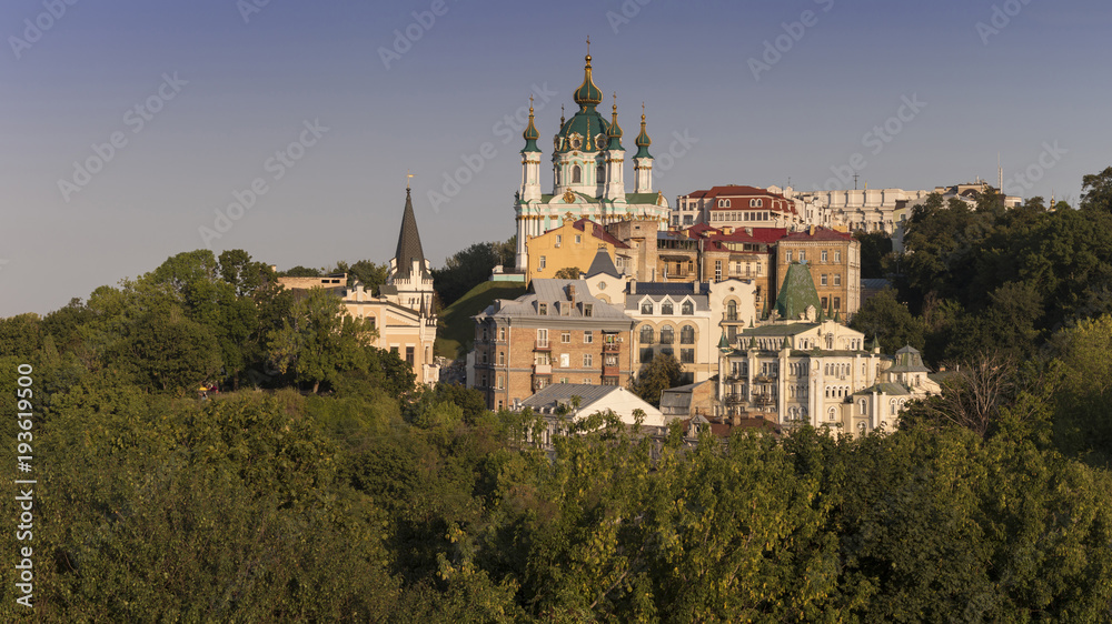 View of the Saint Andrew's Church and Richard Castle, Podil, Kyiv panorana, Ukraine