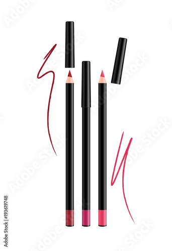 Cosmetic pink Make-up Eye liner Set Pencils with cap. Vector Isolated on White Background. Collection of lipliner pens for contour in glamour luxury vogue style.