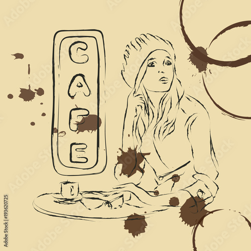Vector scetch woman in cafe