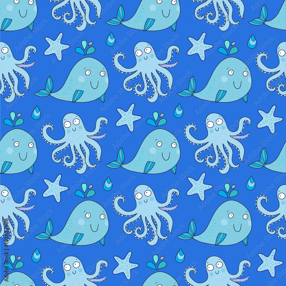 Seamless vector pattern with underwater creatures like octopus, whale, starfish. Lovely vector illustration. Seamless vector pattern with underwater creatures like octopus, whale, starfish. Lovely vector illustration.
