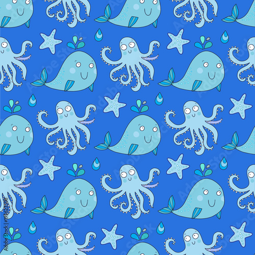 Seamless vector pattern with underwater creatures like octopus, whale, starfish. Lovely vector illustration.
