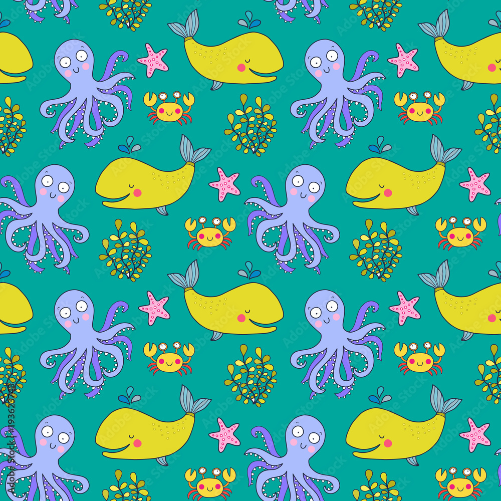 Seamless vector pattern with underwater creatures like octopus, crab, whale, starfish. Lovely vector illustration.