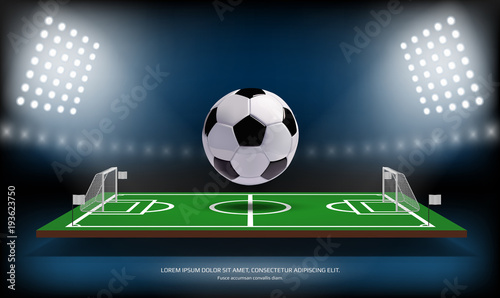 Football or soccer playing field and 3d ball. Sport Game. Football stadium spotlight design concept vector illustration