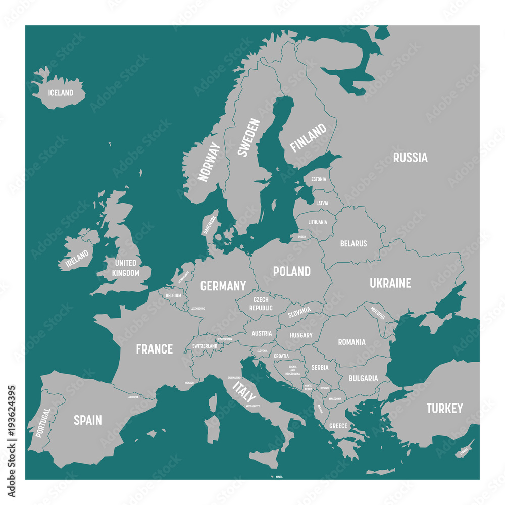 European Map With Country Names Map Of Europe With Names Of Sovereign Countries, Ministates Included.  Simplified Dark Grey Vector Map On White Background. Stock Vector | Adobe  Stock