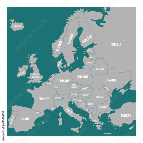 Map of Europe with names of sovereign countries, ministates included. Simplified dark grey vector map on white background.