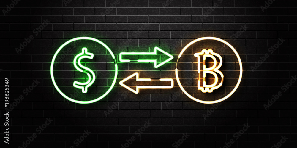 Vector realistic isolated neon sign of dollar and bitcoin exchange for decoration and covering on the wall background. Concept of cryptocurrency exchange and blockchain. Vector realistic isolated neon sign of dollar and bitcoin exchange for decoration and covering on the wall background. Concept of cryptocurrency exchange and blockchain.