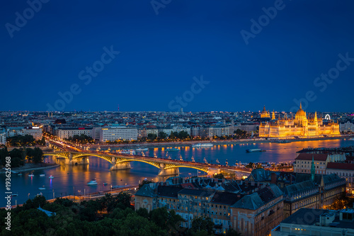 Budapest, Hungary - Panoramic skyline view of Budapest at blue hour with the illuminated Parliament of Hungary, Margaret Bridge and Margaret Island