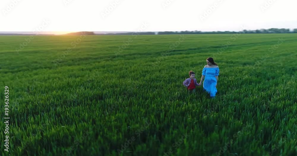 Amazing brunette in blue dress walking green field with son Amazing brunette in blue dress walking green field with son