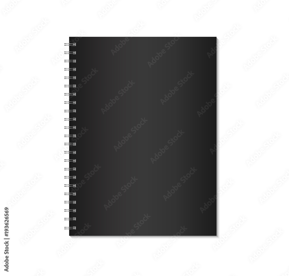 Black notebook mock up isolated on white background. Copybook with metal spiral template. Realistic closed notebook vector illustration. Black notebook mock up isolated on white background. Copybook with metal spiral template. Realistic closed notebook vector illustration.