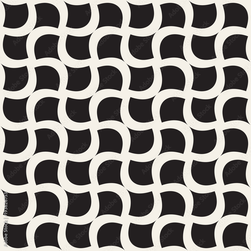 Vector geometric seamless pattern with curved shapes grid. Abstract monochrome rounded lattice texture. Modern textile background design