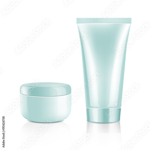 Mock up cosmetic realistic green plastic cream bottle and tube isolated on white background. Beauty product package template, vector illustration.