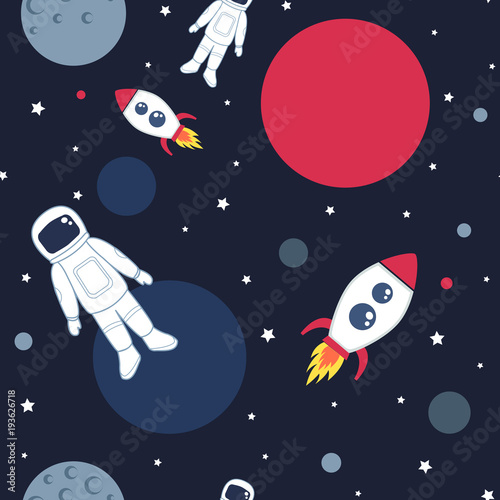 Cute seamless pattern with space cosmonaut planets rockets spaceships and stars. Vector illustration