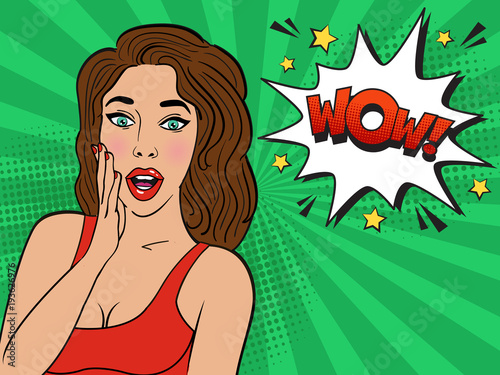 Sexy surprised brunette girl in red dress on striped green background. Comic speech bubble text WOW. Colorful vector illustration of woman face, vintage comics design, pop art style background.
